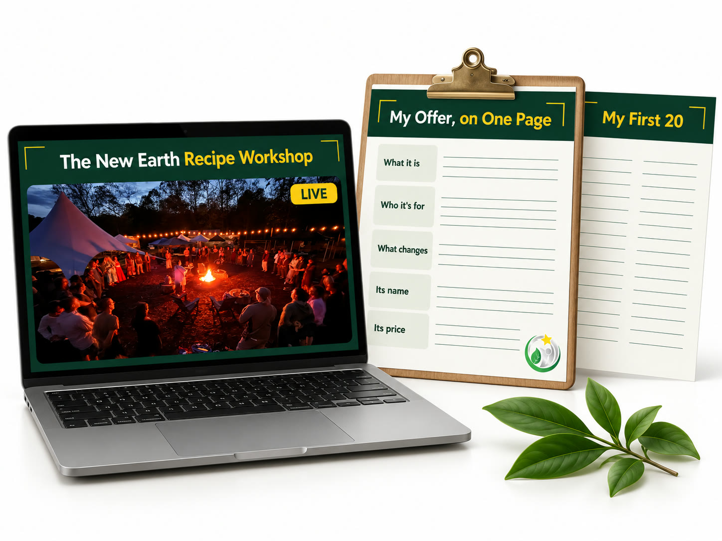 The New Earth Recipe Workshop on a laptop, beside the one-page offer sheet and the First 20 list